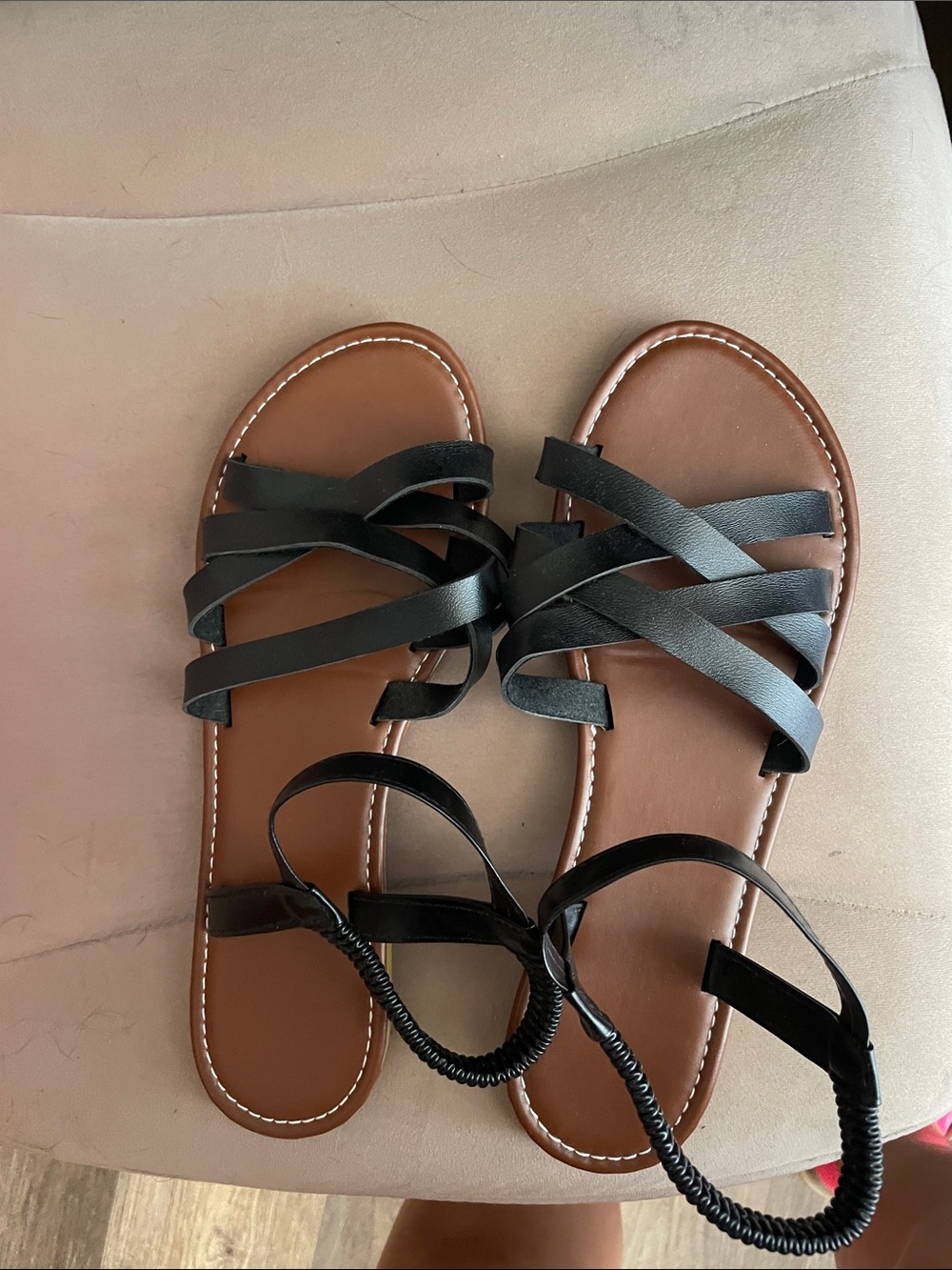 Amazon Black Strappy Flat Sandals with Brown Footbed